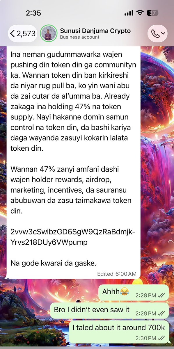 Gayu_BTC's tweet photo. Haha😂, I didn’t actually see your message because my WhatsApp is in chaos with over 40,000 unread messages, which I can’t honestly reply them all. But the moment I saw the token and confirmed it was from you, I talked about it around $700k btw, and it spiked to almost $1.2M MCAP. Knowing it’s coming from you, I don’t need a long analysis. 

This is me, once I see you doing something great, I support you.💯