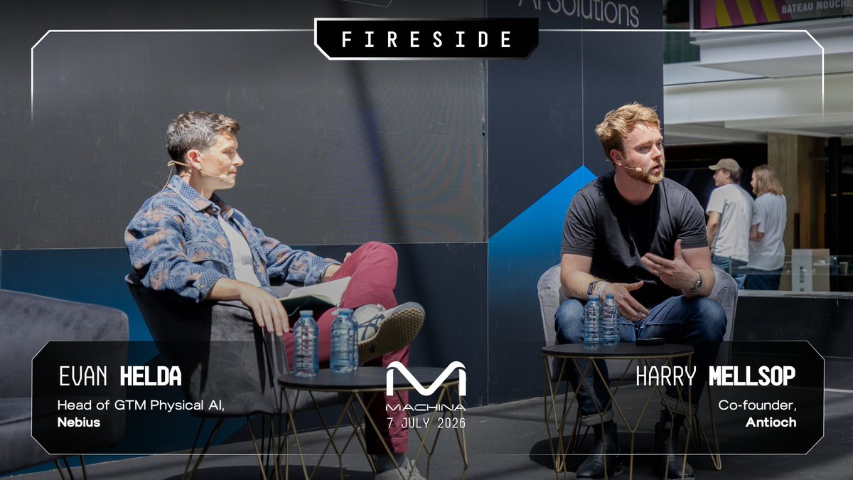 MACHINASUMMIT's tweet photo. @evanhelda , Head of Physical AI at @nebiusai , took the MACHINA stage today in conversation with Harry Mellsop of Antioch, with a direct read on where the category actually gets stuck.

Evan on the bottleneck: "The biggest bottleneck we're seeing right now in the space is evaluation. Does the model do what we think it's gonna do?"

On the frontier discipline it requires: "So basically what you're saying is, you gotta trust fall into these models and ride the wave and expect the advances to come, and be not just living on the edge, living ahead of the edge."

On Nebius's positioning underneath it: "We're building out a control plane to really run the entire data flywheel in physical AI, from data curation, to training, to evaluation, to inference, and back around."

MACHINA Summit, Europe's Leading Physical AI Event.

Live today in Paris at Station F.

#MACHINA2026 #PhysicalAI