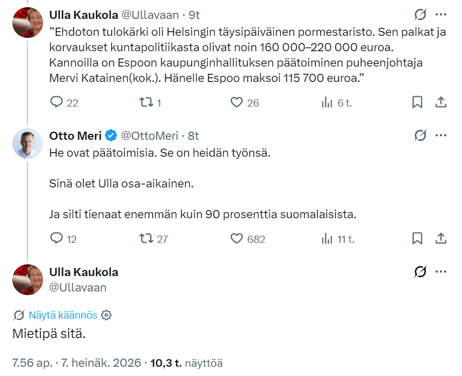 keijomedia's tweet photo. Keijo mietti ja tuli siihen tulokseen että Ulla on tuottavampi kuin 90 prosenttia suomalaisista.

Ulla on niin tuottava että hänellä jää paljon aikaa jopa vastailla X:ssä rivikansalaisten typeriin kysymyksiin. 

Oikeiston pitäisi ihailla tällaista tuottavuusloikkaa ☺️ https://t.co/YRwxI2Ea7y