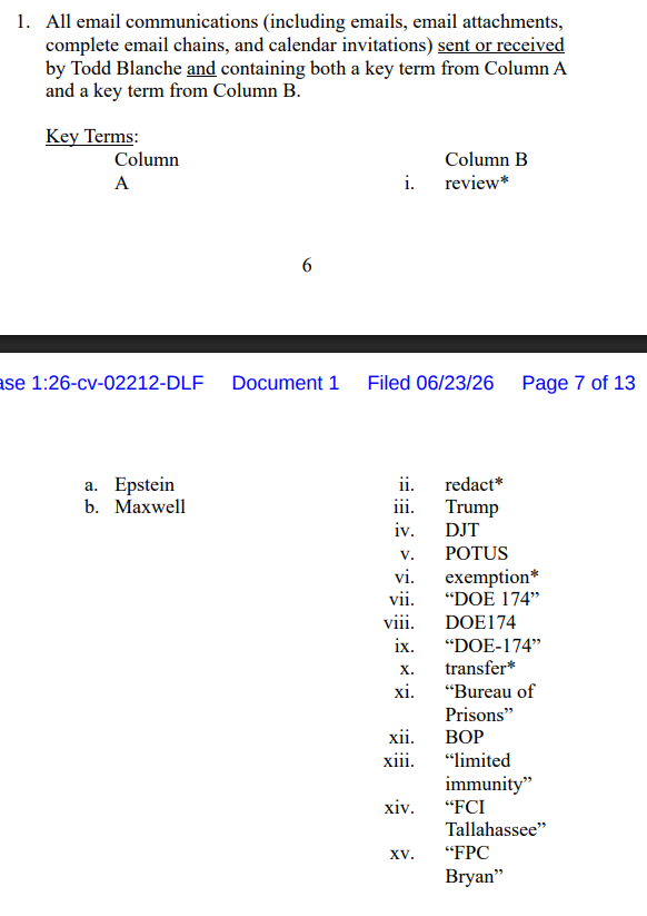 MacFarlaneNews's tweet photo. NEW:   Justice Dept has just filed 38-page motion arguing AGAINST a suit seeking Todd Blanche's communications about Epstein & Epstein files

Plaintiffs note Blanche's upcoming confirmation hearings ... and argue Blanche's communications should be released due to "significant questions about the government's integrity"

Justice Dept responds today:  "The fact that a confirmation hearing may attract media attention does not transform it into a matter of 'current exigency"

Here's a look at what plaintiff's (AMERICAN OVERSIGHT) are seeking: