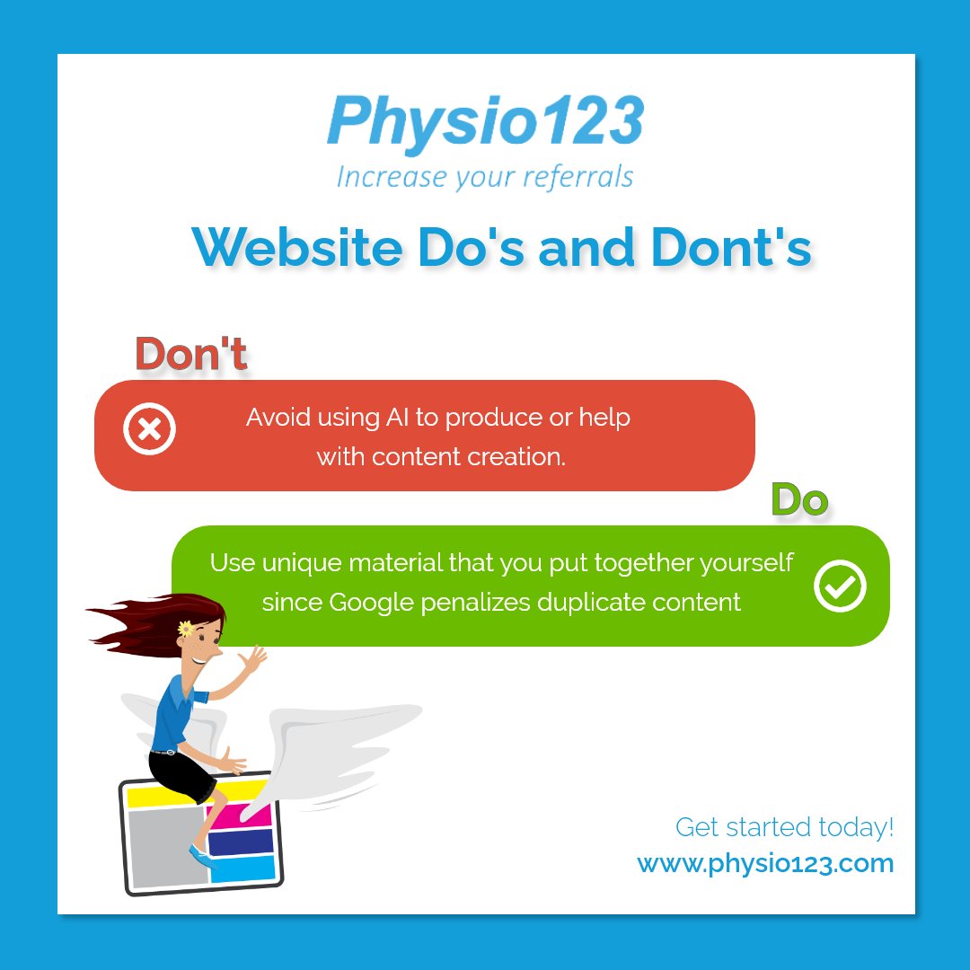 physio123hq's tweet photo. Website Do's and Don'ts - Avoid using AI for website content creation
#webdesign #webdev #websitedevelopment #digitalmarketing #physio123 #health #bespokewebsite #customcoded #clinic #physiotherapy #chiropody #orthotics #podiatry #massage #pilates https://t.co/c5gEIAbQX6