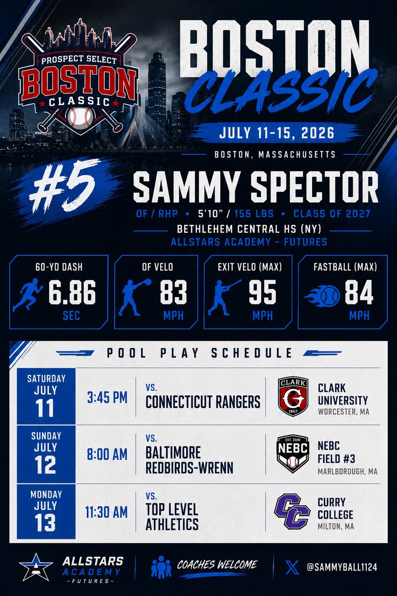 SammyBall1124's tweet photo. Looking forward to competing at the Boston Classic this weekend with @AllstarsAcademy 

Here’s my schedule and updated stats coming off of recent showcases… https://t.co/CGWOzo2iIe