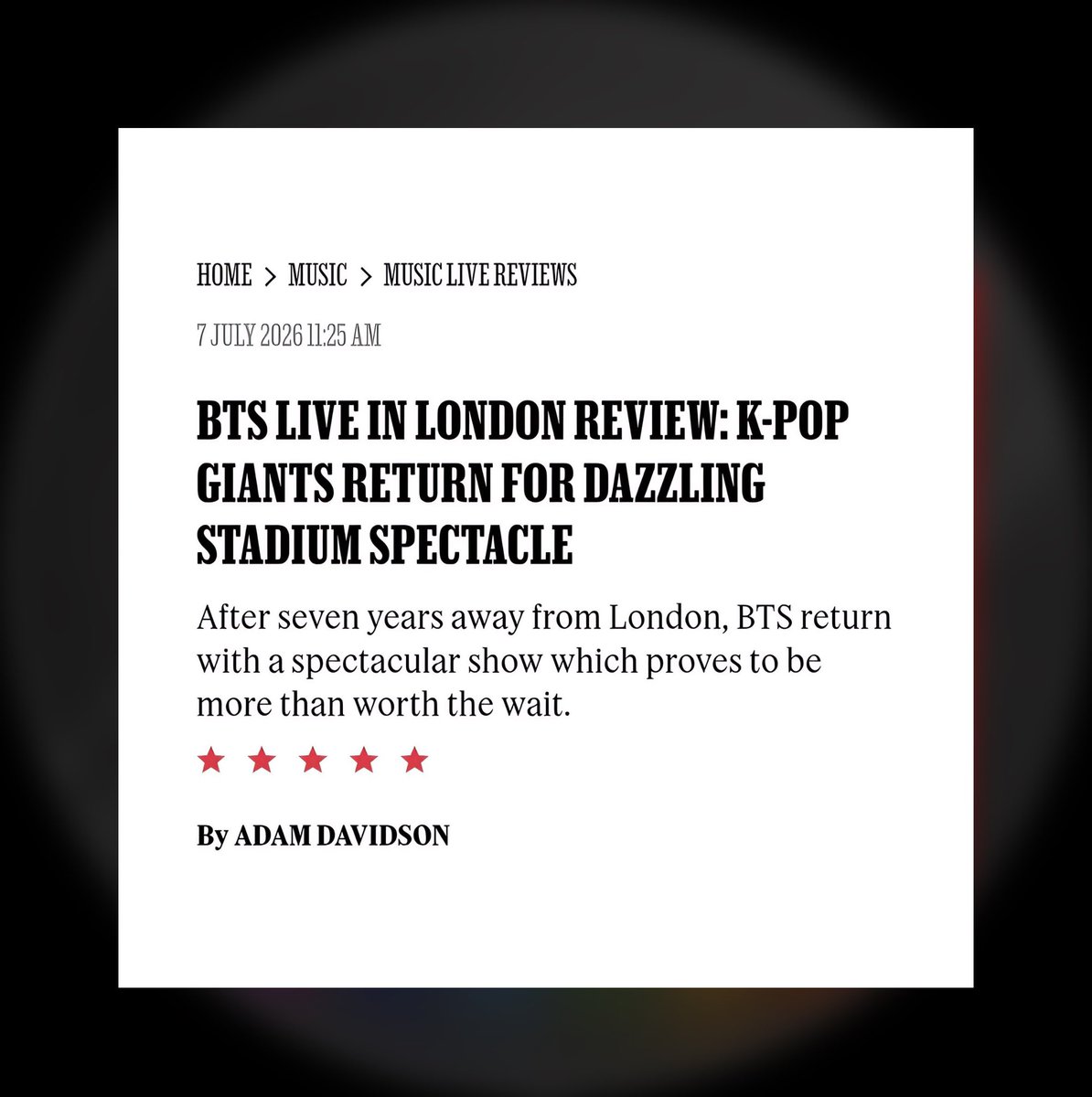 Army_Connect's tweet photo. Rolling Stone awarded BTS’ London concert a perfect 5/5 rating. 

It praised the group and described them as, “The South Korean that reclaimed their throne as the biggest band in the world in style.”

Correction: they didn't need to "reclaim" because they never left the top 💅. https://t.co/Yw1VMAiHMi