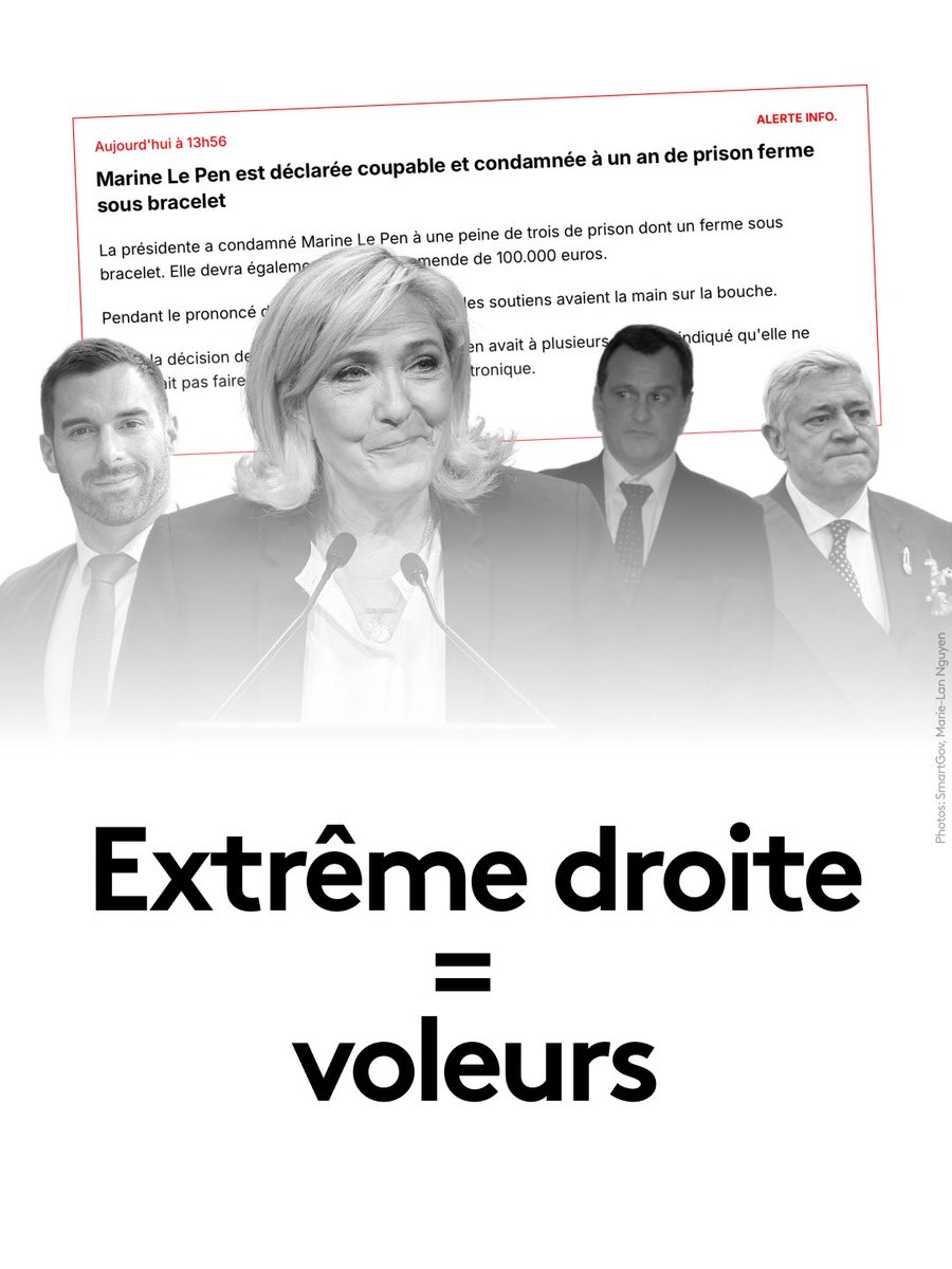 David_Belliard's tweet photo. « Reconnue coupable de détournement de fonds publics »

« Il appartient à un responsable politique de respecter les règles plutôt que de les enfreindre »

Le Pen condamnée pour détournement de fonds publics. Hier comme aujourd'hui, extrême droite = voleurs. https://t.co/3w7Gz27HLy