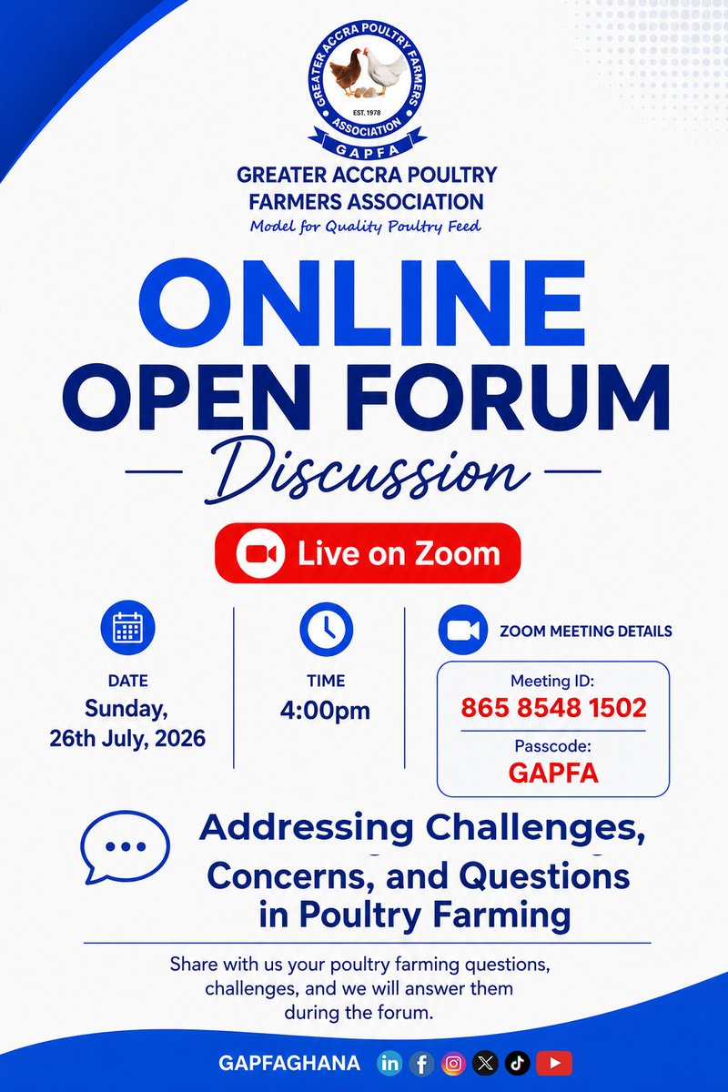 gapfa_ghana's tweet photo. Share your thoughts, questions, challenges, and practical issues on poultry farming, and we'll answer them during our online open forum

#GAPFA #poultry #beginners #challenges #Mbappé https://t.co/DC5YlKyr78