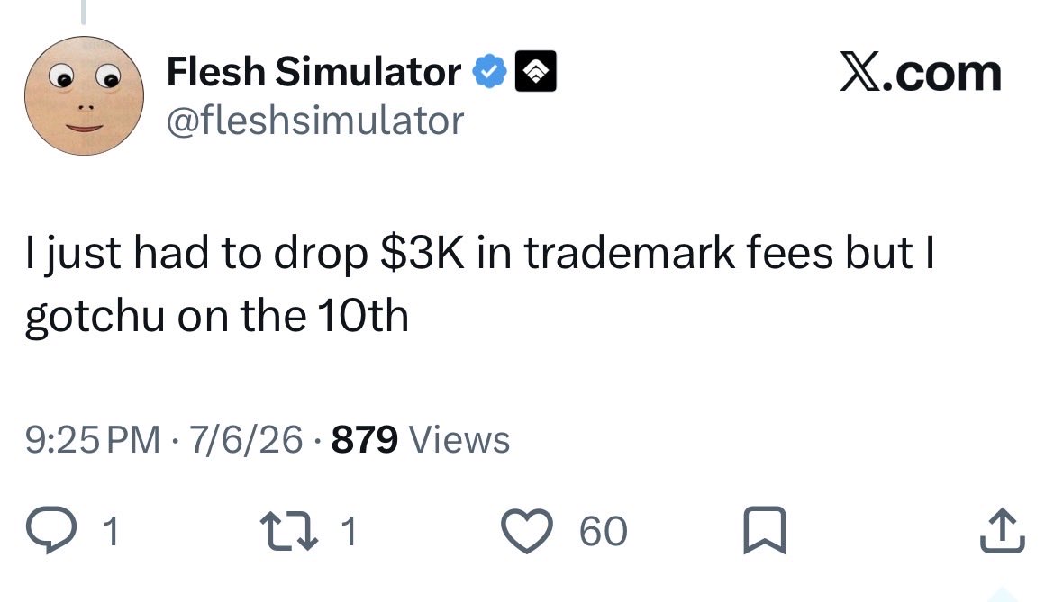 GLADIODROMEpod's tweet photo. @fleshsimulator just dropped $3K in trademark fees… so I’m sure he also secured the domain https://t.co/NT42V89aDj for $14, right? https://t.co/1SmMIxG507