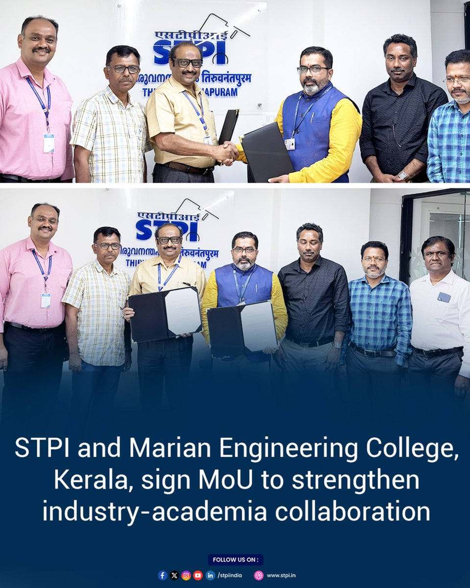 stpiindia's tweet photo. Software Technology Parks of India (STPI) and Marian Engineering College (MEC), Thiruvananthapuram, signed a Memorandum of Understanding (MoU) to foster innovation, entrepreneurship, research, and industry-academia collaboration. The partnership will promote technology-driven innovation through capacity building, startup engagement, mentorship, hackathons, internships, collaborative research, and knowledge-sharing initiatives.

The MoU was signed by Shri Ganesh Nayak K, Director, STPI Thiruvananthapuram, on behalf of STPI, and Dr. Ajit Prabhu, Principal, Marian Engineering College, on behalf of the College.

#STPI #MarianEngineeringCollege #Innovation #Entrepreneurship #Startups #SAYUJ #IndustryAcademia #Research #SkillDevelopment #Technology #DigitalIndia #MeitY

@GoI_MeitY @AshwiniVaishnaw @JitinPrasada @SecretaryMEITY @arvindtw @_DigitalIndia @NeGD_GoI @startupindia @college_marian @GaneshNayakK @ajitprabhu9