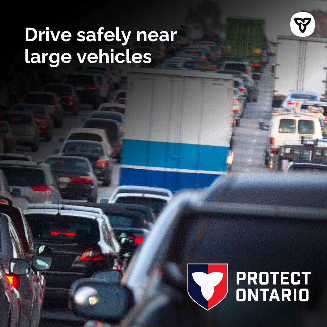 ONsafety's tweet photo. Stay safe around large trucks and buses: 
👀 avoid blind spots
🚦 allow extra stopping distance
🔄 anticipate wide turns 
⚠️ watch for rollback (vehicles moving backward on inclines)
💦 avoid spray (debris or water on your windshield)

Learn more: https://t.co/AkZGA1HaTk https://t.co/ceOzkMxY4O