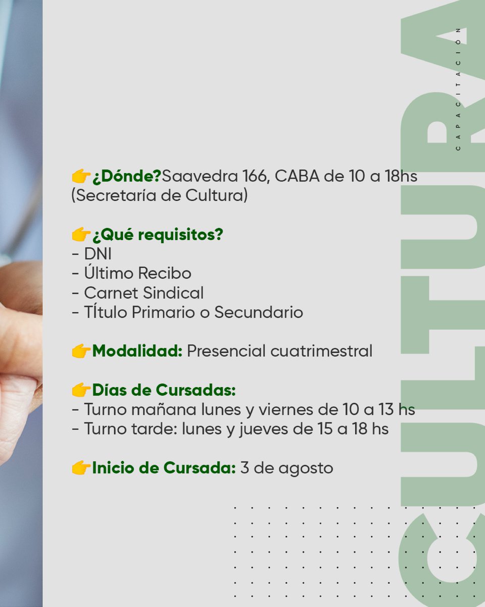 AtsaBsAs's tweet photo. 💙 Una nueva oportunidad para seguir formándote.

📚 Ya están abiertas las inscripciones para la capacitación de Asistente Gerontológicx.

📍 Acercate a Saavedra 166 (Secretaría de Cultura), de lunes a viernes, de 10 a 18 hs., e inscribite con la documentación requerida.

Para consultas enviar un mail a: secretariadecultura@atsa.org.ar

💻 Más información en https://t.co/v9myG5ayRV

#AtsaBsAs #Sanidad