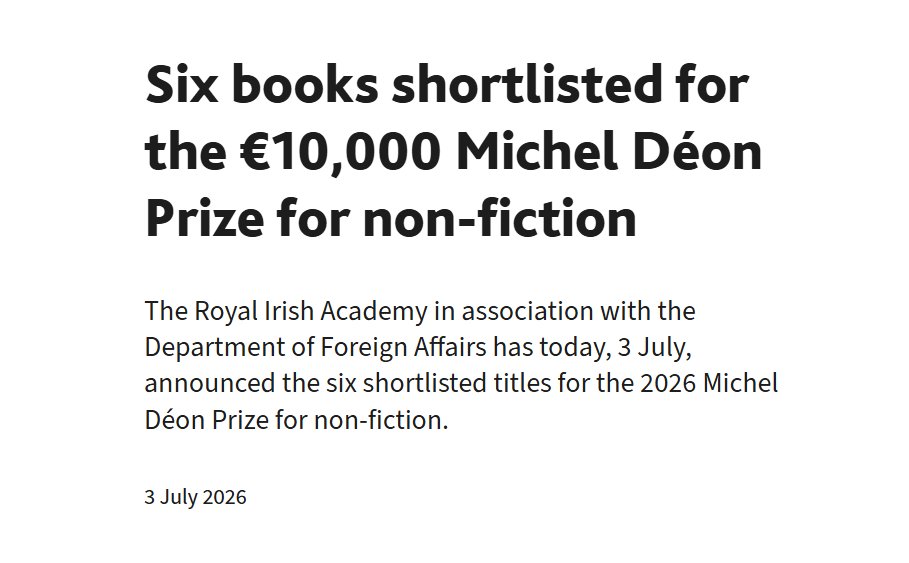 FourCourtsPress's tweet photo. The shortlist for the 2026 Michel Déon Prize for non-fiction has been announced ...

and we're thrilled to say that THREE of our authors have made the shortlist!

Congrats Edel Bhreathnach, David Caron and John Waddell. We hope you're all feeling as proud as us 👏 https://t.co/25PtCbC2J7