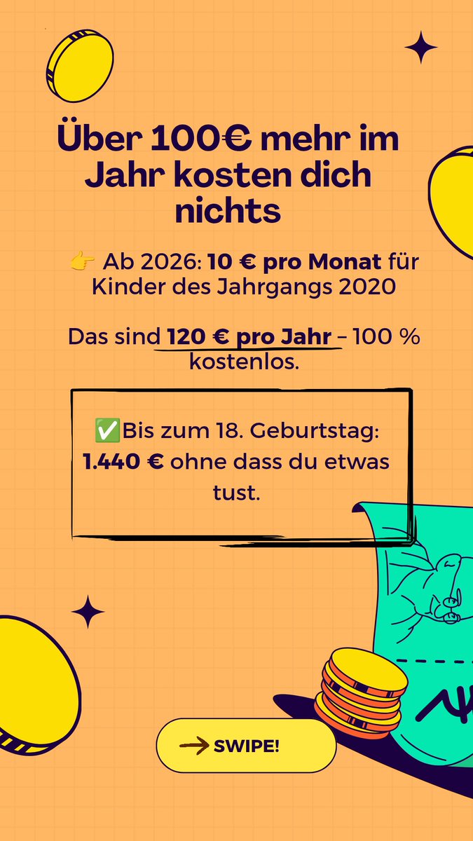 FinArchchitekt's tweet photo. Ich hab neulich gelesen: Ab 2026 zahlt der Staat 10€ im Monat in ein Vorsorgedepot für Kinder ein – einfach so.

Klingt klein, aber bis zur Volljährigkeit kommen da über 1.400€ zusammen. Ohne dass Eltern etwas tun müssen.

Schaue es dir hier an 👇 https://t.co/N6pW5DMimt