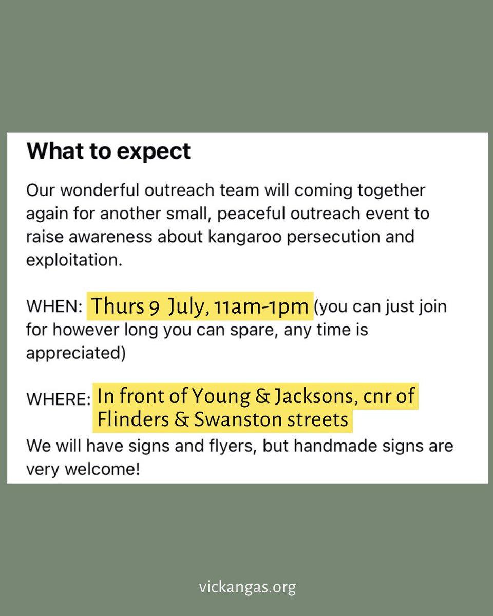 VicKangaroos's tweet photo. JULY OUTREACH - Outreach is on this Thursday! The team would love to see you ☺️
#Stopkillingkangaroos #endwildlifetrade #kangaroo
FB event 👉 https://t.co/8U0AIh1Wlo https://t.co/9Ljck6HENl