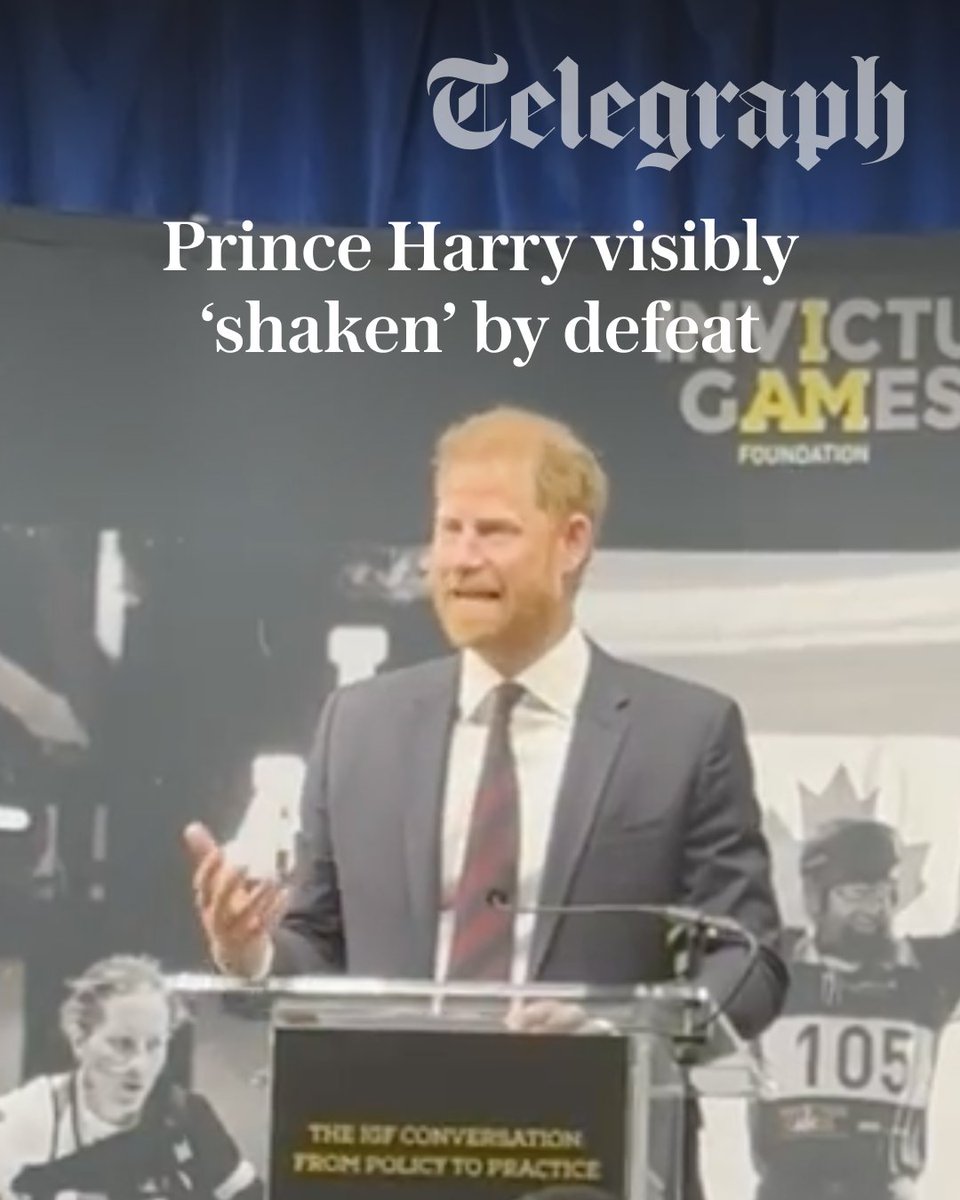 Telegraph's tweet photo. Prince Harry, delivering a six-minute opening speech at an event for the Invictus Games, delivered the jokes written in his notes, paused for brief applause, and tried to hold it together.

There was no mistaking that he had recently been told the extent of his legal loss. He looked shaken, swallowing hard and with eyes darting around the room, but he ploughed on.

Follow the latest ⬇️
https://t.co/ESkaIMlhfB