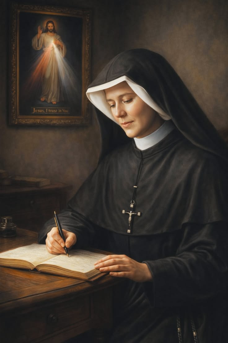 JustAdaugoijele's tweet photo. Saint Maria Faustina Kowalska, the humble Polish nun and Apostle of Divine Mercy, faithfully recorded many profound encounters with Our Lord Jesus Christ in her Diary.

Jesus specifically instructed her to pray the Chaplet of Divine Mercy, especially at the bedside of the dying.
On one dramatic occasion, St. Faustina was moved to pray the Chaplet for a certain sinner who had spent his life far from God.
As the man lay on his deathbed, she was given a terrifying vision: hideous demons were surrounding him, eagerly waiting to seize his soul and drag it to eternal damnation.
The spiritual battle was intense and frightening..
Yet, as St. Faustina continued praying the Chaplet with deep faith and trust, “Eternal Father, I offer You the Body and Blood, Soul and Divinity of Your dearly beloved Son...”,
something extraordinary happened. The demons began to tremble and then fled in terror, powerless before the mercy invoked through the Chaplet. The man’s soul was saved from their grasp.
He died peacefully, fully enveloped in the infinite mercy of God.

This powerful account from St. Faustina’s Diary highlights why the Chaplet of Divine Mercy has become a cherished devotion for the dying across the world.  Jesus promised that great graces and mercy await those who pray it or have it prayed for them at the hour of death. It is a true weapon against darkness and a channel of His unfathomable love.
Jesus, King of Mercy, I trust in you. Amen