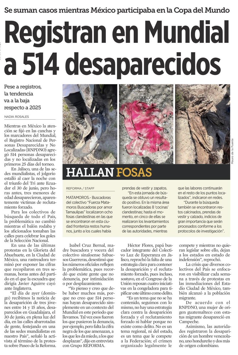 JJDiazMachuca's tweet photo. SE CONFIRMA QUE MÉXICO ES EL PAÍS CAMPEÓN MUNDIAL DE LOS DESAPARECIDOS CON LA 4T 🇲🇽🚩

Mientras Claudia Sheinbaum (@Claudiashein ) intentaba distraer con su publicidad de un pato y un gato en Palacio Nacional —estrategia que ya es historia—, la realidad nos golpeaba con toda la fuerza: ¡514 PERSONAS DESAPARECIDAS Y NO LOCALIZADAS EN SOLO 25 DÍAS!

Mientras el balón rodaba en el Mundial, las familias mexicanas seguían buscando a sus hijos en fosas clandestinas. En Matamoros, el colectivo "Fuerza Matamoros Buscadoras por amor" localizó ocho fosas clandestinas con restos humanos y ocho 'cocinas' donde se incineraba a personas.

¿Dónde está la estrategia? Los colectivos denuncian que las cifras oficiales no reflejan la realidad por el miedo a denunciar y la falta de voluntad política. Es una vergüenza que, mientras las autoridades evaden su responsabilidad, las iniciativas para tipificar el reclutamiento forzado sigan en la "congeladora" del Congreso. La crisis ya alcanzó incluso a población migrante de Guatemala, Honduras y Colombia.

¡El circo mediático ya no tapa el dolor de un país que se desangra! México necesita justicia, no trucos de imagen. 

#Desaparecidos #MéxicoDoloroso #4T