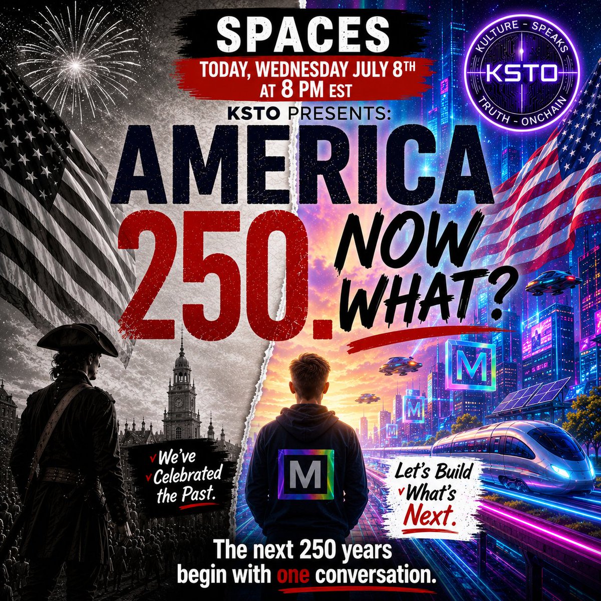 Keep_Snipping's tweet photo. 🚨 Reminder - Today is the Day! 

America 250: Now What? 

We’ve celebrated our past. Now let’s come together and build what’s next for our nation.

Join KSTO live TODAY, Wednesday July 8th at 8 PM EST for an uplifting conversation on America’s future. Honest dialogue, community ideas, and the KSTO Family spirit.

The next 250 years begins with ONE conversation. Your voice matters!

https://t.co/ZcZxKO0qH4

See you there! 🇺🇸

#America250 #KSTO #NowWhat #XPR #HEAL