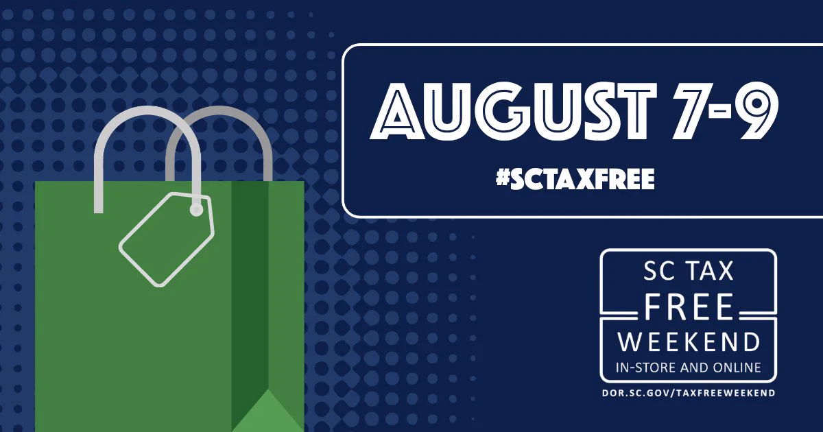 A shopping bag. Text reads, "SC Tax Free Weekend In Store & Online August 7-9"
