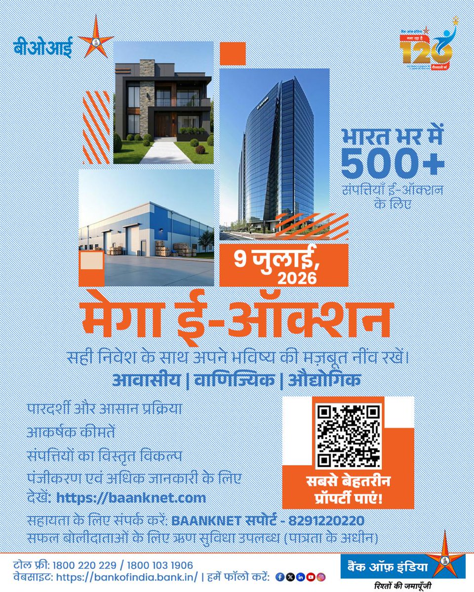 BankofIndia_IN's tweet photo. सिर्फ 1 दिन बाकी!
9 जुलाई को बैंक ऑफ इंडिया की मेगा ई-ऑक्शन में देशभर की आवासीय, वाणिज्यिक और औद्योगिक संपत्तियों पर ऑनलाइन बोली लगाएँ। आज ही पंजीकरण करें और अपनी पसंदीदा संपत्ति की ओर पहला कदम बढ़ाएँ।
#BankOfIndia #BOI #MegaEAuction @LtdPsb https://t.co/YRUJcyf6rc