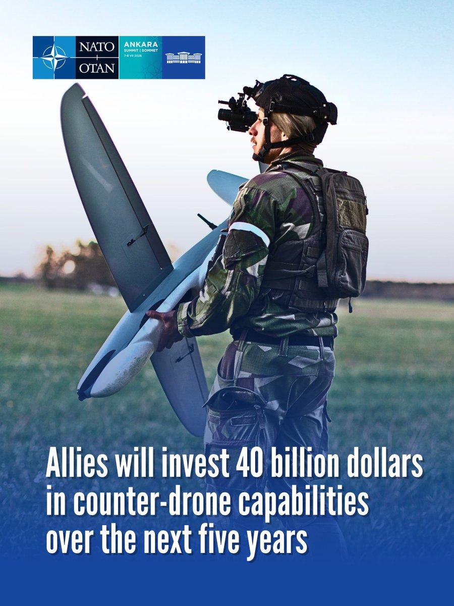 NATO's tweet photo. 🆕 NATO expands its ability to deploy and operate drones at scale

At the #NATOsummit, Allies announced the NATO Drone Edge initiative, a major investment in counter-drone capabilities and drone training

Learn more → https://t.co/jGeWuFrZyN https://t.co/MGYj1MR5rb