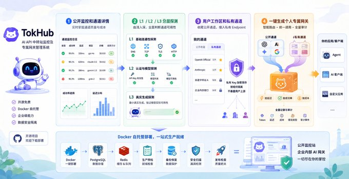 gkxspace's tweet photo. 我真觉得 姚老师 和 乔帮主 是AI圈的女菩萨，天天开源自己做的项目。

这次的 TokHub 是给用中转站的人做的：
开源的监控 + 专属网关系统，迭代了一个月直接放出来。

1、它的探测不是只 ping 一下，分了三层，第三层会发一次最小生成请求
2、有个公开监控站，各家通道的成功率、延迟、价格、健康评分
3、能把一堆通道聚合成你的专属网关，自己的私有 Endpoint 和 Key 也能接进来（加密保存），Agent 和客户端只调一个地址，按延迟、成功率或成本自动路由

这种人多来点吧，真的。