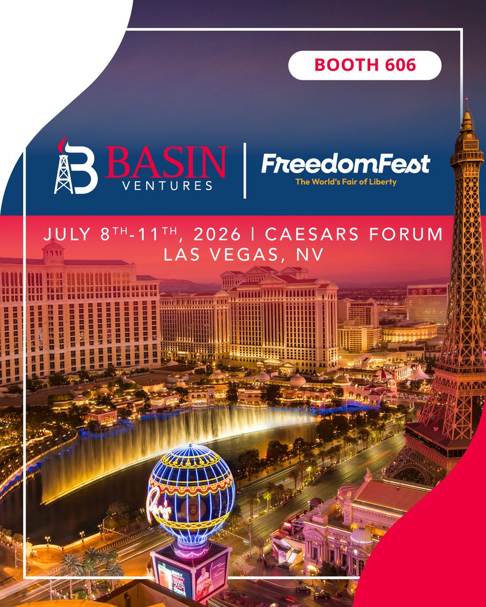 BasinVentures's tweet photo. Tomorrow we are in Las Vegas for FreedomFest 2026.

As the nation marks 250 years of independence, Basin Ventures is proud to serve as the exclusive oil and gas sponsor of the world's largest gathering of free minds. For us, the timing is not a coincidence. For most of its history, owning a real piece of American energy was reserved for institutions. We built Basin Ventures so accredited investors could own it directly, and there is no better room to make that case than one built on independence and ownership.

Our whole team will be on the ground all week. Come find us at Booth 606, join one of our three sessions, or schedule time to talk about what direct ownership in domestic energy actually looks like. Our portfolio keeps growing through 2026, and we are only building momentum from here.

We are posting all week from the show. Follow along, and if you are in Las Vegas, come say hello!

#FreedomFest2026 #BasinVentures #AmericanEnergy #ThinkIndependent #OilAndGas #DirectOwnership #EnergyInvesting #Freedom250 #LasVegas