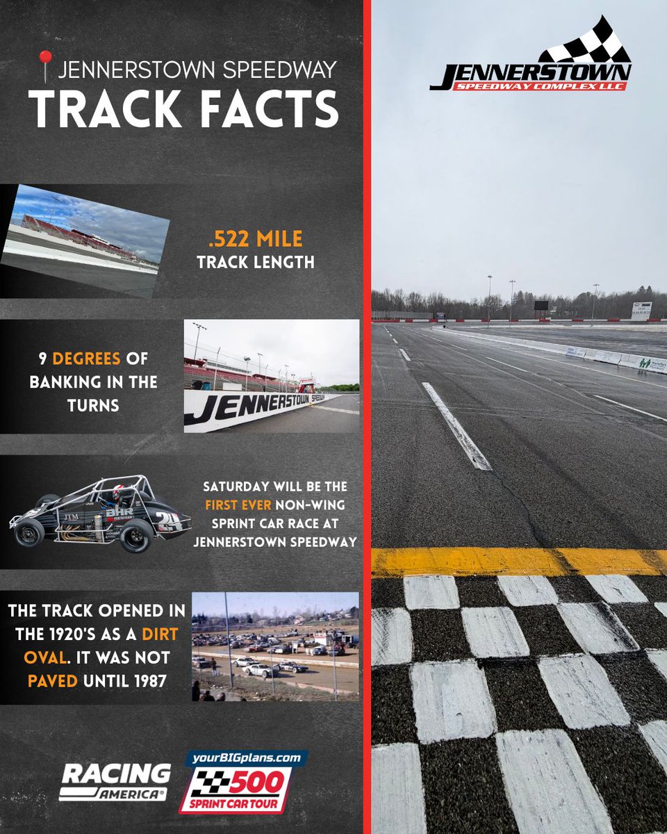 500SprintTour's tweet photo. 🏁 Track Spotlight: Jennerstown Speedway 🏁

The https://t.co/cbFWGvutBg 500 Sprint Car Tour makes history this Saturday with the first-ever non-wing pavement sprint car race at Jennerstown Speedway Complex LLC!

• .522-mile paved oval
• 9° of banking in the turns
• Opened in the 1920s as a dirt oval, paved in 1987
Who will make history as the first Tour winner at Jennerstown?
🎟️ Be there to witness it!