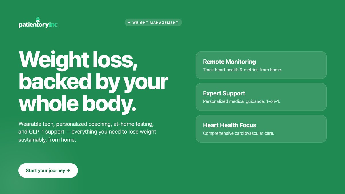 patientory's tweet photo. Weight loss that works with your whole body.

Patientory's Weight Management Program combines wearable tech, personalized coaching, at-home testing, and GLP-1 support — so you lose weight sustainably, from home.

→ https://t.co/bjdy9w41bm https://t.co/txsaHsNySG