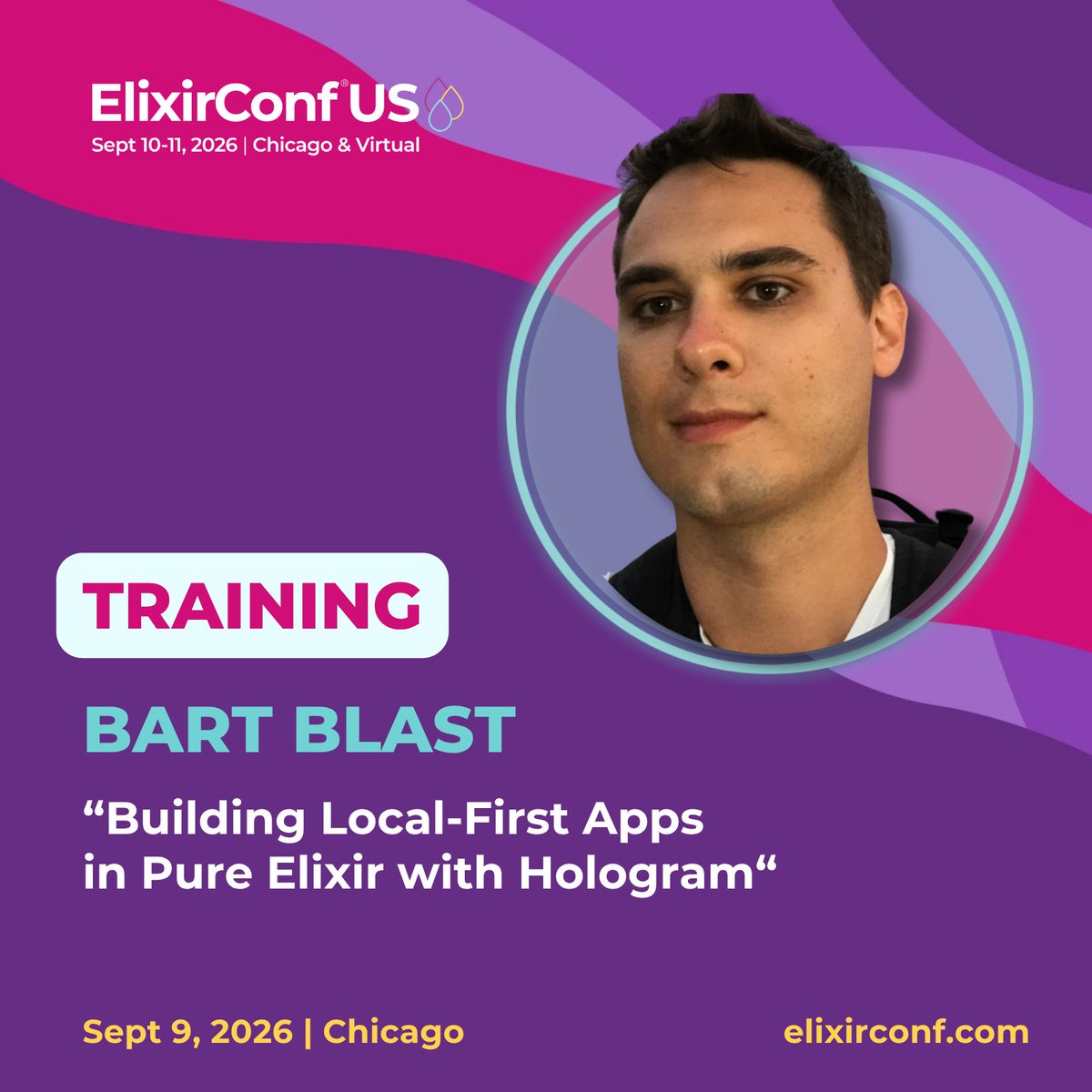 Bart_Blast's tweet photo. Most frontend code isn't UI. It's data plumbing - caches, sync, loading states, state management, and that's the short list. None of it is the actual product.
That's the part Hologram's new data layer takes over. You say what the data should be, it keeps itself in sync in the browser, and offline just works. Pure Elixir top to bottom.
I'm teaching it hands-on at ElixirConf US this September, a full day where we build a real app on it. The training's the day before my talk, so you'd build with the data layer before I unveil it on stage.
Separate, limited ticket. Grab a spot here: https://t.co/u0aDeez3F2
#Elixir #BEAM #LocalFirst #ElixirConf #Hologram