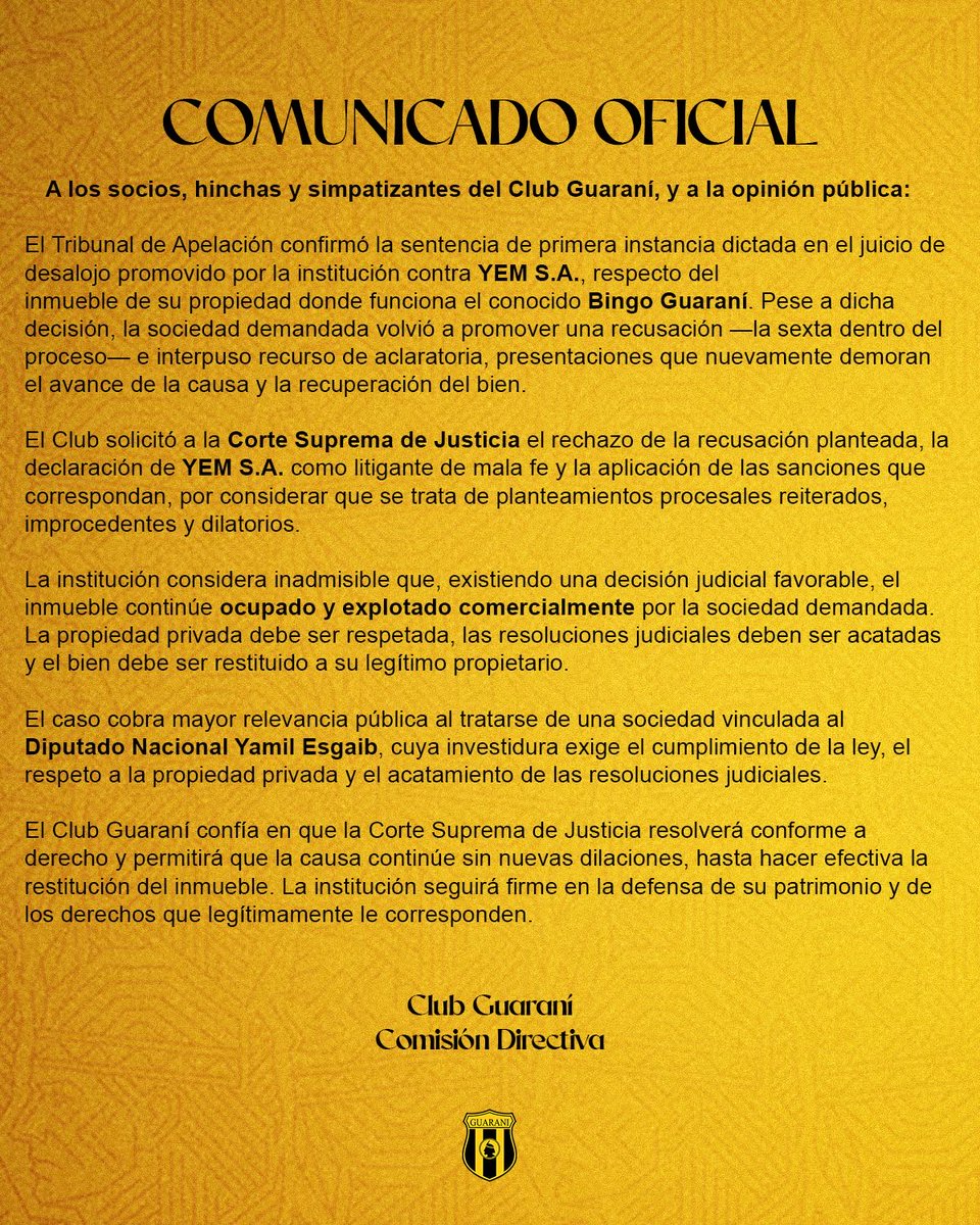 ClubGuarani's tweet photo. 📌 COMUNICADO 

#VamosLegendario🟡⚫️ https://t.co/Gt5XC2MB9A