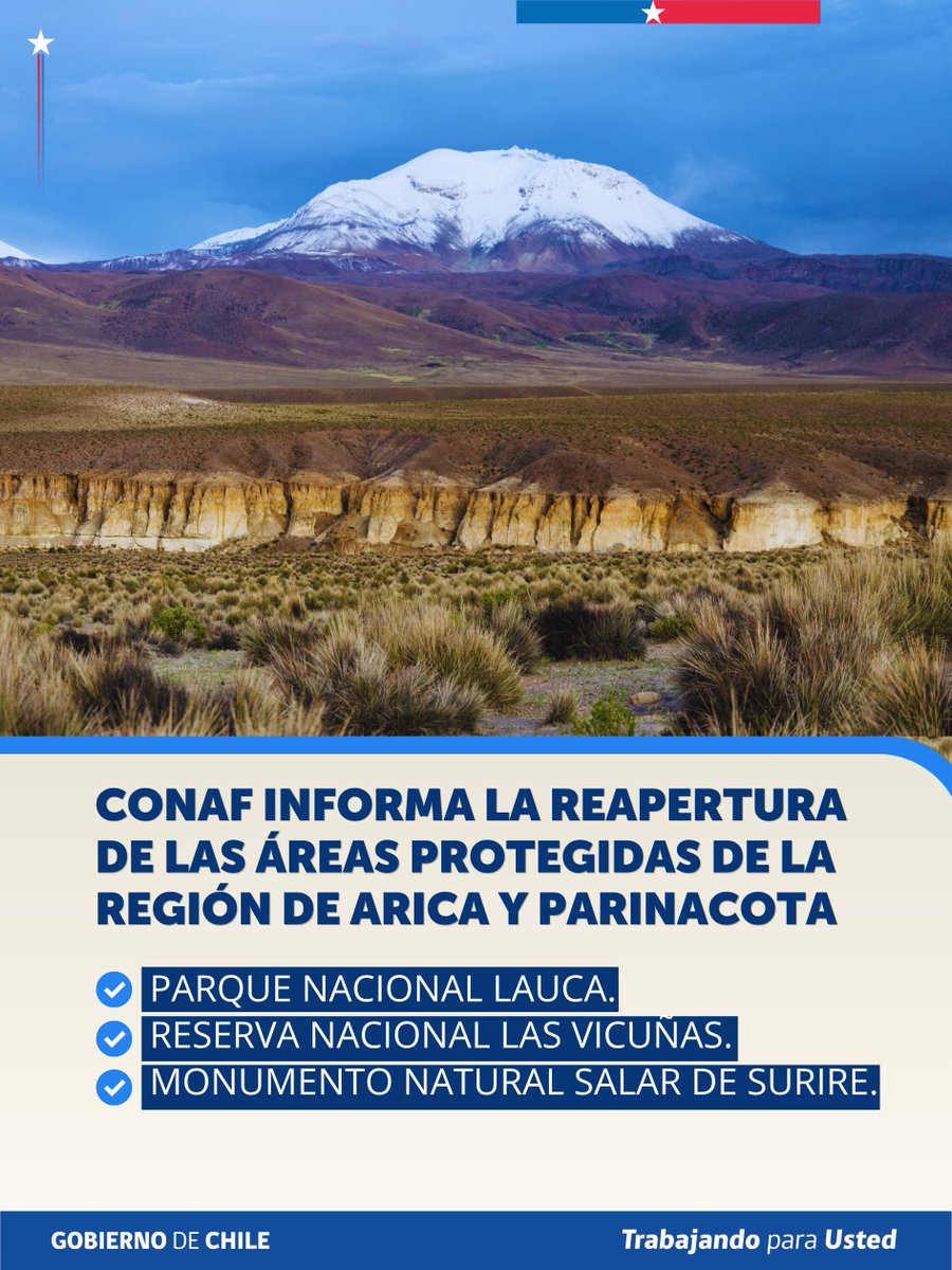 conaf_minagri's tweet photo. ✅ ¡Buenas noticias desde la Región de Arica y Parinacota!

Luego de levantada la alerta temprana preventiva por evento meteorológico, por parte de las autoridades regionales, #CONAF ha determinado la reapertura de los senderos de uso público de las siguientes áreas protegidas que estuvieron cerradas desde el pasado 3 de julio:

▶️ Parque Nacional Lauca.
▶️ Reserva Nacional Las Vicuñas.
▶️ Monumento Natural Salar de Surire.