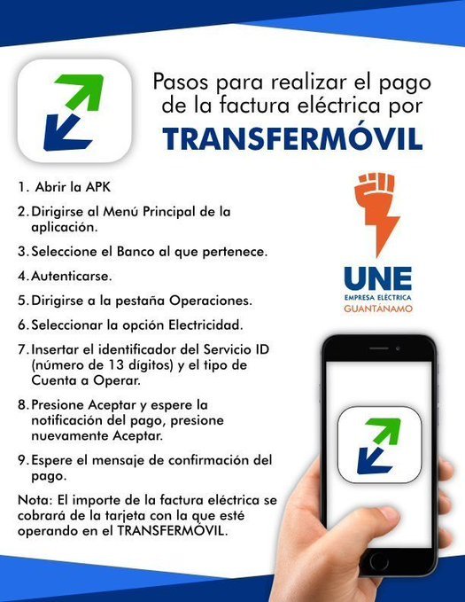 CabaiguanJoven's tweet photo. Cómo pagar las facturas eléctricas a través de #Transfermóvil?
✌️ Estas a tiempo, utiliza las plataformas digitales desde tu hogar
#PasarelasDePago
#CubaPorLaTransformaciónDigital https://t.co/STMPjpmEaX