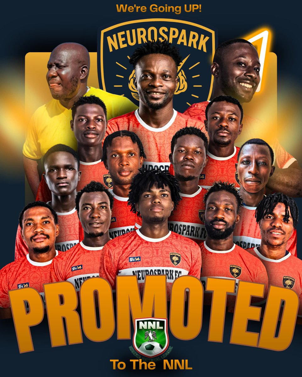 Neurosparkfc's tweet photo. WE ARE NNL! 🏆🧡💛

History made.

In our first Nationwide League One campaign, we’ve secured promotion to the Nigeria National League.

This is for every player, coach, staff, partner &amp; supporter who believed.

We dreamed it. Now we’re living it.

The journey continues. 🚀

#NNL https://t.co/xjWmOrIcaS