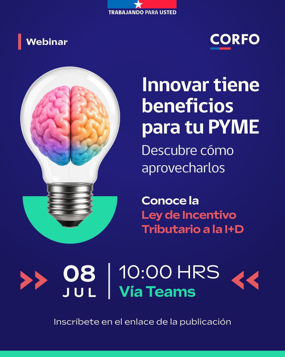 Corfo's tweet photo. Comenzamos un ciclo de charlas en las que entregaremos los mejores consejos para que aproveches el incentivo tributario para investigación y desarrollo en empresas

Charla 1: Introducción a la Ley I+D

🗓️ 08/07
⏰ 10:00 hrs.

Inscríbete aquí 👉 https://t.co/qXtkN5b2DR https://t.co/E3HLIC3NZo