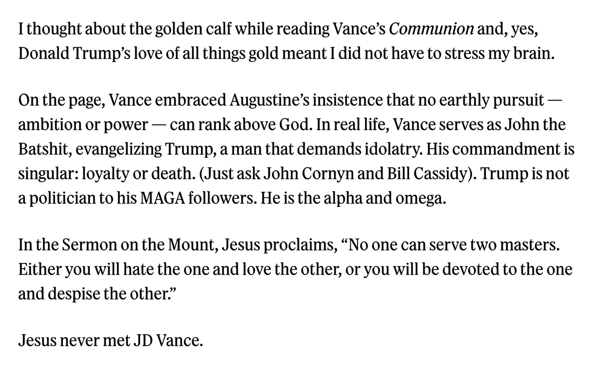 RSPolitics's tweet photo. JD Vance has been preaching about his newfound Catholicism. @stephenrodrick examined the finer points of the vice president's religious message, which doesn't quite jibe with the teachings of Donald Trump: https://t.co/EGt6hcEtWj