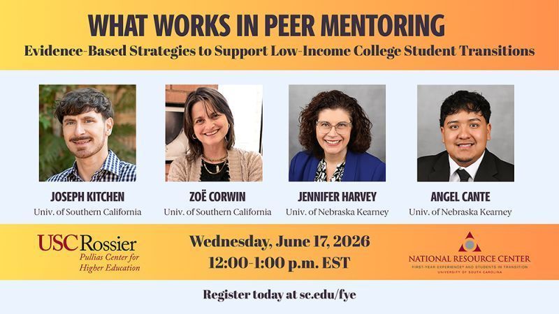 USCPullias's tweet photo. Hundreds of folks joined our recent "What Works in Peer Mentoring" webinar, a joint event between the Pullias Center and the National Resource Center for First Year Experience and Students in Transition. Attendees learned how peer mentoring can be a game changer for low-income students as they transition to college. Missed it? Then check out the webinar recording here and learn how you can implement this model — created by researchers and practitioners on our Promoting At-promise Student Success (PASS) team — on your campus: https://t.co/dR3Ft6uyM5

@Joey_Kitchen, @ZCorwin, @USCRossier, @AdriannaKezar, #peermentoring