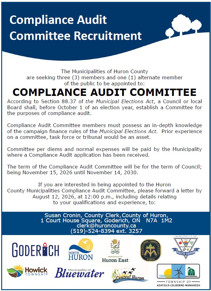 BluewaterOn's tweet photo. The Municipalities of Huron County are seeking three (3) members and one (1) alternate member of the public to be appointed to the municipal election COMPLIANCE AUDIT COMMITTEE. Please see our website for the full advertisement.
https://t.co/k78omw90hV https://t.co/RF541YfryZ