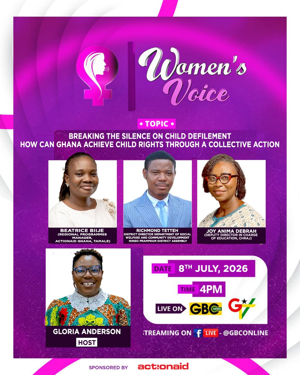 ActionAidGhana's tweet photo. We are back with insightful conversations on #GTVWomensVoice! This Wednesday, AAG leads a critical discussion on Child Rights. Join us on @gbcnews_  as we explore collective action to protect every child's right to safety, dignity,  &amp; justice. @CHRAJGHANA @dsw_gh https://t.co/XfFFX6yCHs