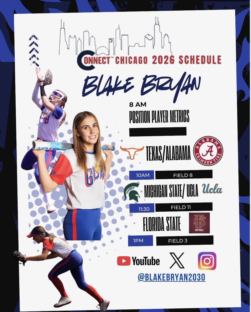BlakeBryan2030's tweet photo. I’m so pumped for tomorrow! I get to learn from some of the greats in college softball!  Thank you to @DDSBandEvents for putting on Connect Chicago!
Thank you to my parents @tsbryan86 and @mrsbryanRTHS for helping me chase my dreams of playing softball at the next level!

@TexasSoftball @MSU_Softball @AlabamaSB @UCLASoftball @FSU_Softball
