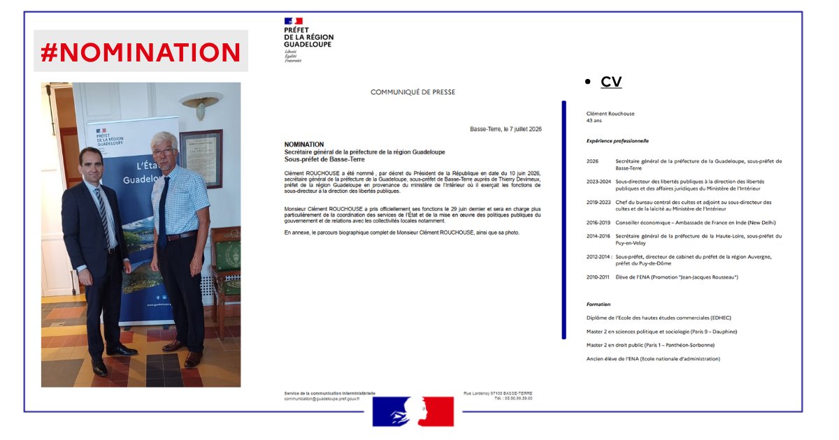 Image de Préfet de Guadeloupe - #Nomination | ℹ️ Par décret du Président de la République en date du 10 juin 2026, Clément ROUCHOUSE