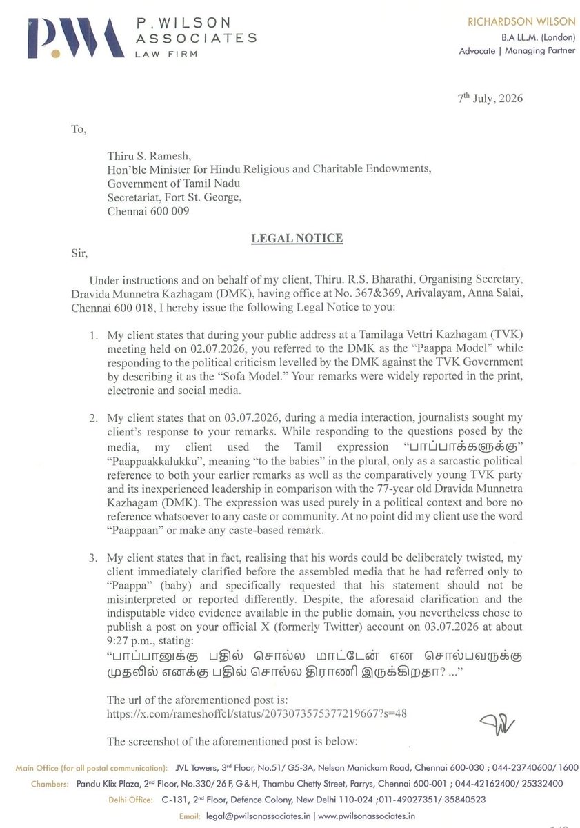 sailaks11's tweet photo. Legal notice served to Honourable Minister of HR&amp;CE for spreading disinformation by @RSBharathiDMK https://t.co/jcfwIrbJgP