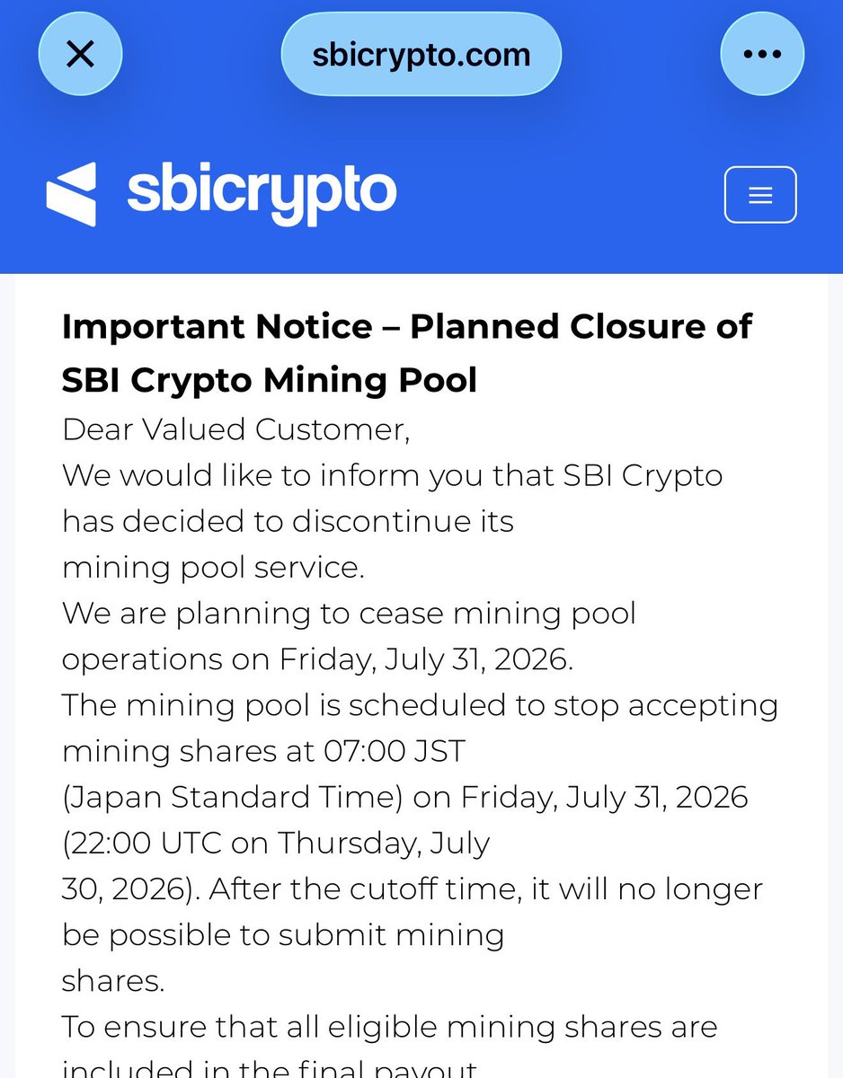 Vet_X0's tweet photo. ICYMI: 🇯🇵 SBI is closing their Bitcoin mining pool by the end of this month, July 31st. Sad to see 😞.

It's in the top 12 largest mining pools by Hashpower estimates.

🇯🇵 SBI continues to run their XRP Ledger validator, contributes to network infrastructure and is involved in Evernorth to participate in XRP DeFi in the future.