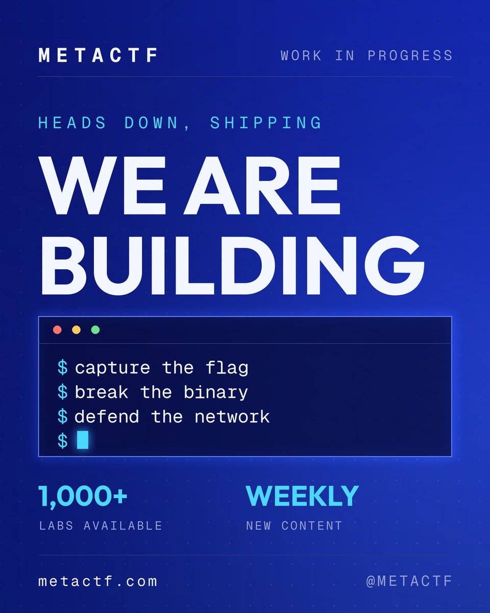 MetaCTF's tweet photo. We got tired of security training that ends at a slideshow

Teams capture flags, break binaries, and defend live networks right in the browser 1,000+ labs and counting, new content every week Heads down, shipping 

https://t.co/VObO0jhpg5 x https://t.co/eL1SuxymYf 

07.07 https://t.co/tAkpeucpee