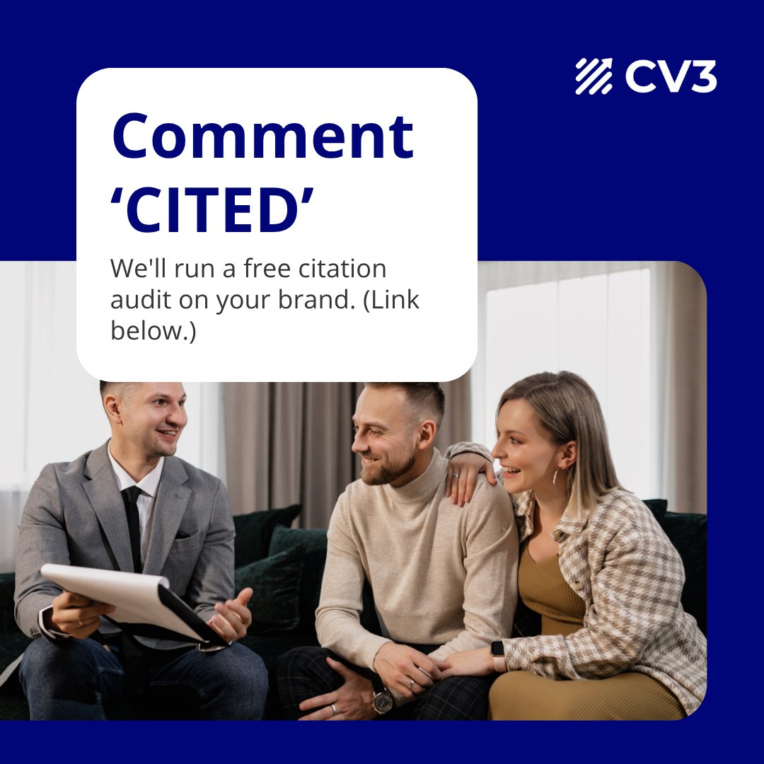 CV3Official's tweet photo. Want to know if AI is citing your brand?

Reply with "CITED" and we'll run a free AI citation audit to identify opportunities for improving your visibility in AI-powered search. https://t.co/YM53BfmMIy