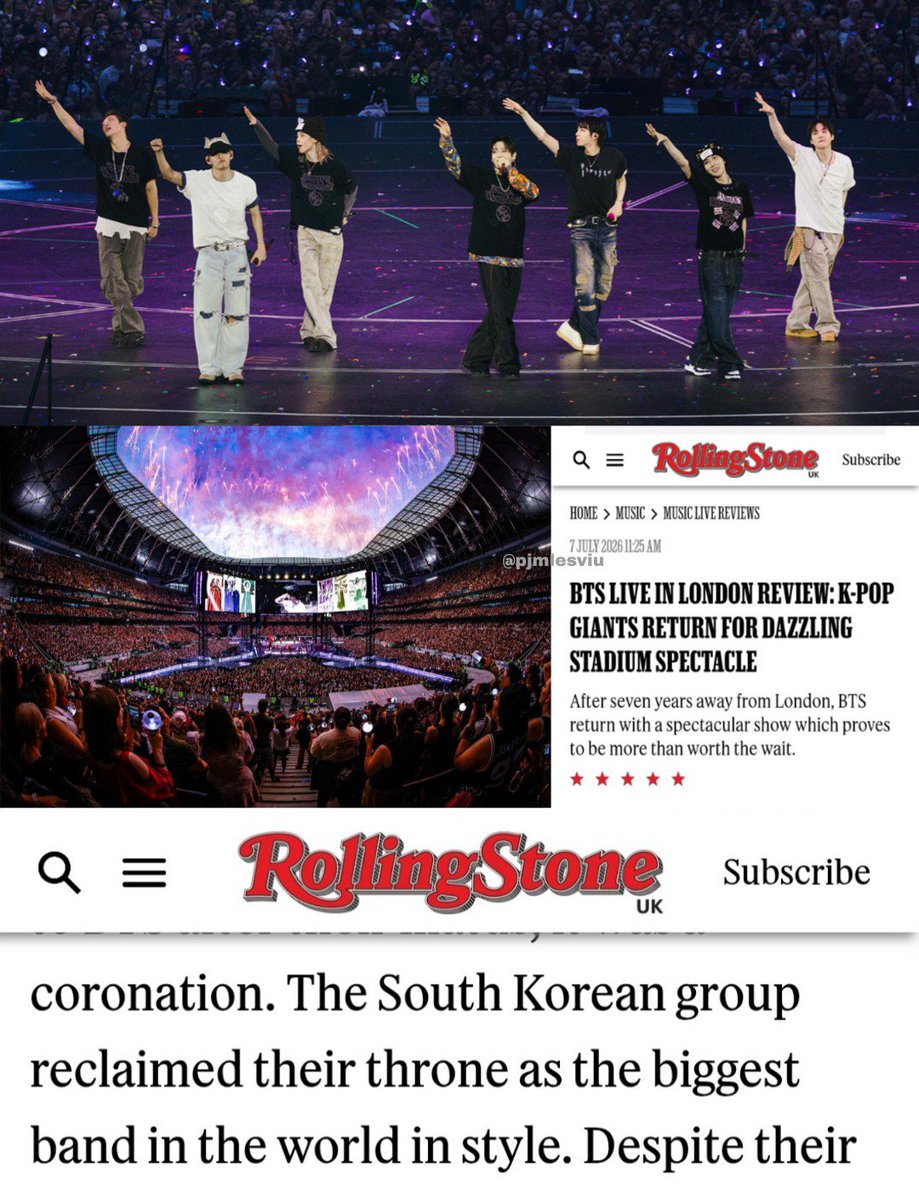 pjmIesviu's tweet photo. Oficialmente Rolling Stone UK elogia el concierto de BTS en Londres otorgándole una puntuación de 5/5 estrellas, SU IMPACTO ES ENORME 🤯🔥

— "Los gigantes del K-Pop regresan para un espectáculo deslumbrante."

— "El grupo surcoreano reclamo su trono como la BANDA MÁS GRANDE del mundo con mucho estilo."

CONGRATULATIONS BTS
BTS PAVED THE WAY
#BTS_ARİRANG_LONDON