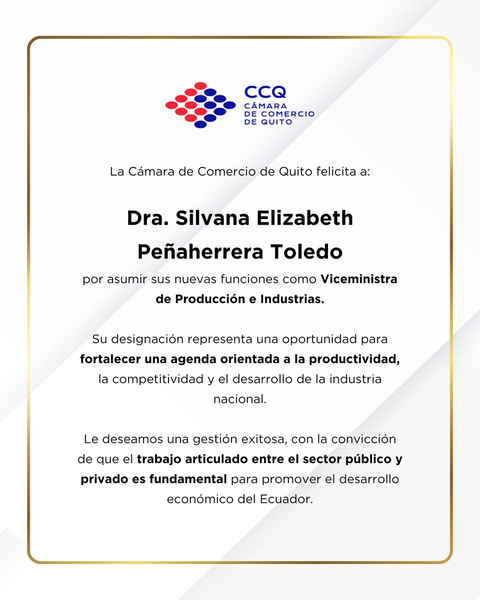 lacamaradequito's tweet photo. Felicitamos a la Dra. Silvana Elizabeth Peñaherrera Toledo por asumir sus funciones como Viceministra de Producción e Industrias.

Desde la CCQ, le deseamos una gestión exitosa en favor de la productividad, la industria y el desarrollo económico del Ecuador. https://t.co/nsoNfksLC5