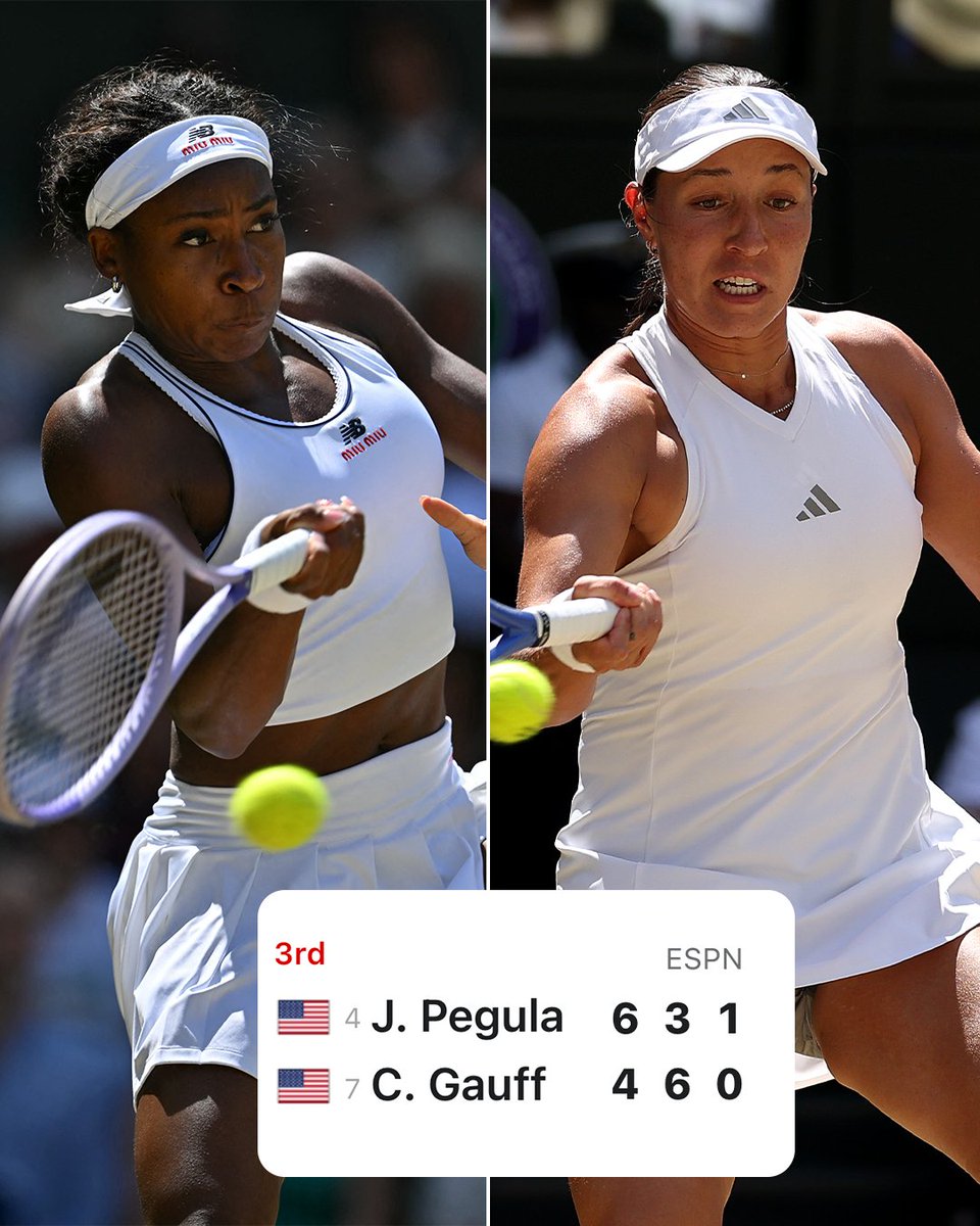 espn's tweet photo. Coco Gauff and Jessica Pegula are in a deciding third set for a trip to the Wimbledon semifinals 👀 https://t.co/uKwp6aQ8MP