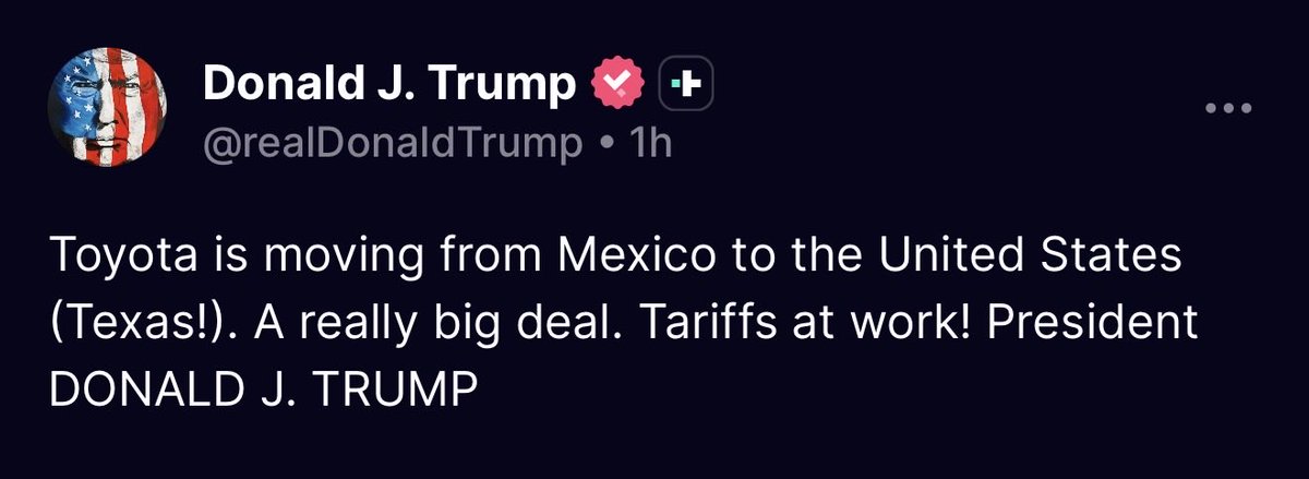 Trump_portfolio's tweet photo. 🚨TRUMP JUST MENTIONED A NEW STOCK

Trump just announced on Truth social that $TM is moving from Mexico to the United States.

The stock is up 0.5% today https://t.co/d7Sw1m3H3J