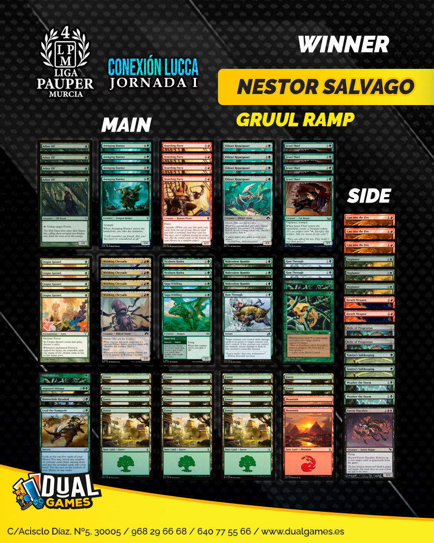 DualGames's tweet photo. 🏆 ¡Ya tenemos la primera lista ganadora de la Liga Pauper Murcia 4! 🔴🟢

Enhorabuena a Nestor Salvago por llevarse la Jornada I de la "Conexión Lucca" pilotando una destructiva Gruul Ramp con un gran protagonismo de cartas como Writhing Chrysalis y Avenging Hunter. 🚀 https://t.co/QkQVAkXBSS