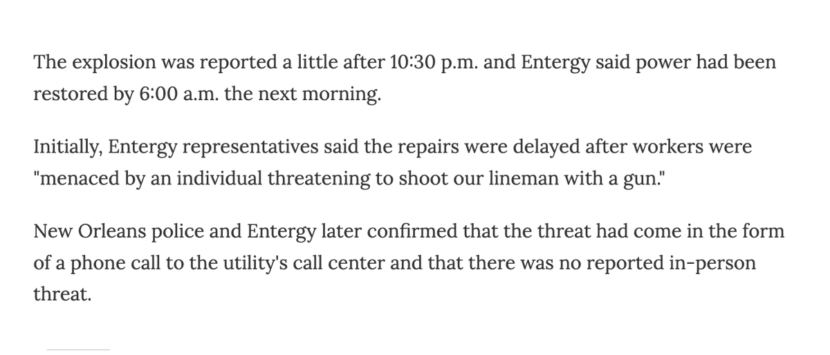 samkarlin's tweet photo. .@EntergyNOLA claimed that its repairs to a French Quarter substation were delayed by lineman being "menaced" by someone threatening to shoot them. 

Turns out, it was a phone call. 

https://t.co/IeWu00ul5E https://t.co/SNyO22htVc