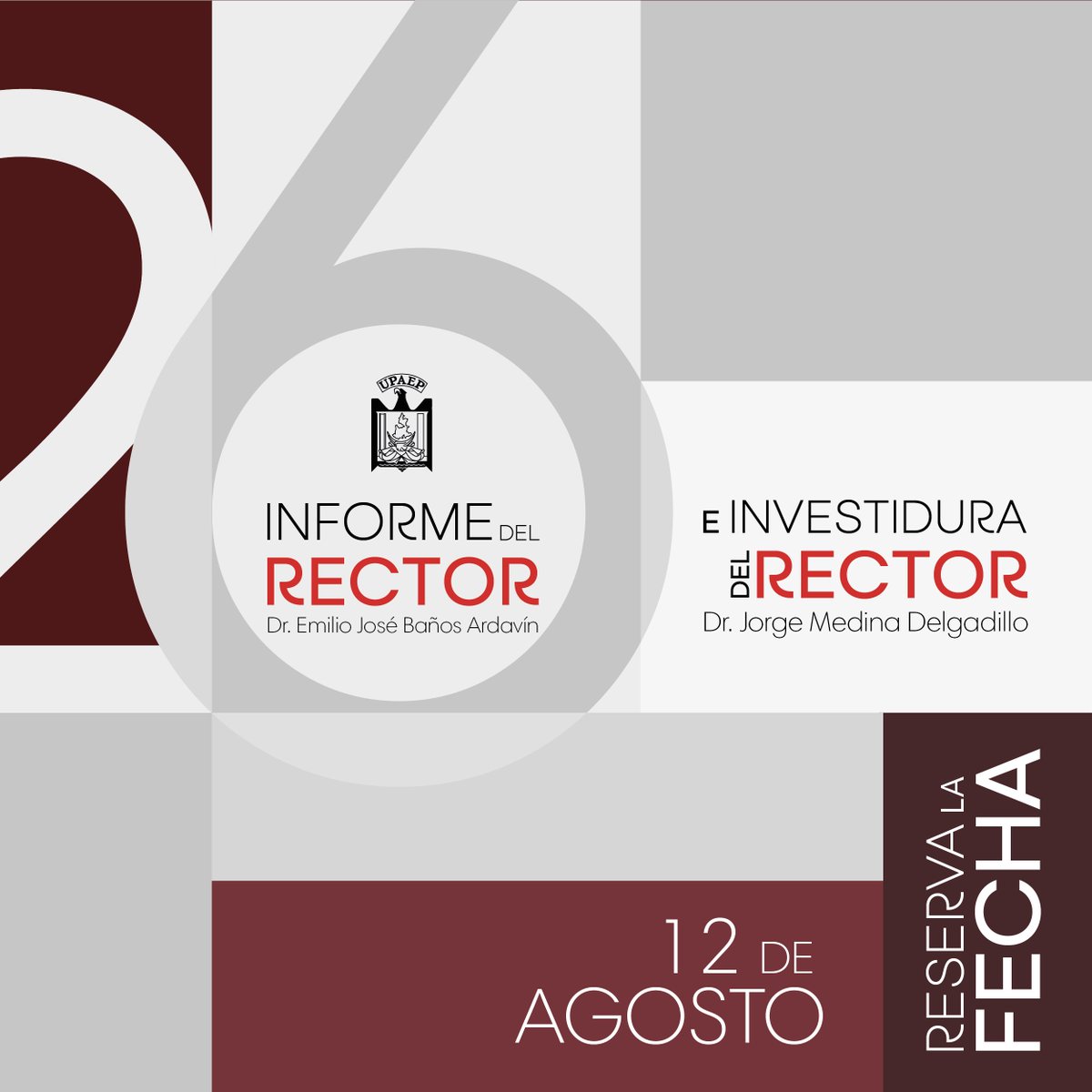 UPAEP's tweet photo. Acompáñanos a conocer los principales avances, retos y logros de nuestra institución en el Informe del Rector 2025-2026. 
Además, seremos testigos de la Investidura Rectoral, una ceremonia que honra la tradición universitaria y marca el inicio de una nueva etapa de liderazgo al servicio de la excelencia académica y el bien común. 

🗓️ Martes 12 de agosto 
🕛 12:00 h 
📍 Centro de Vinculación
#InformeRectorUPAEP